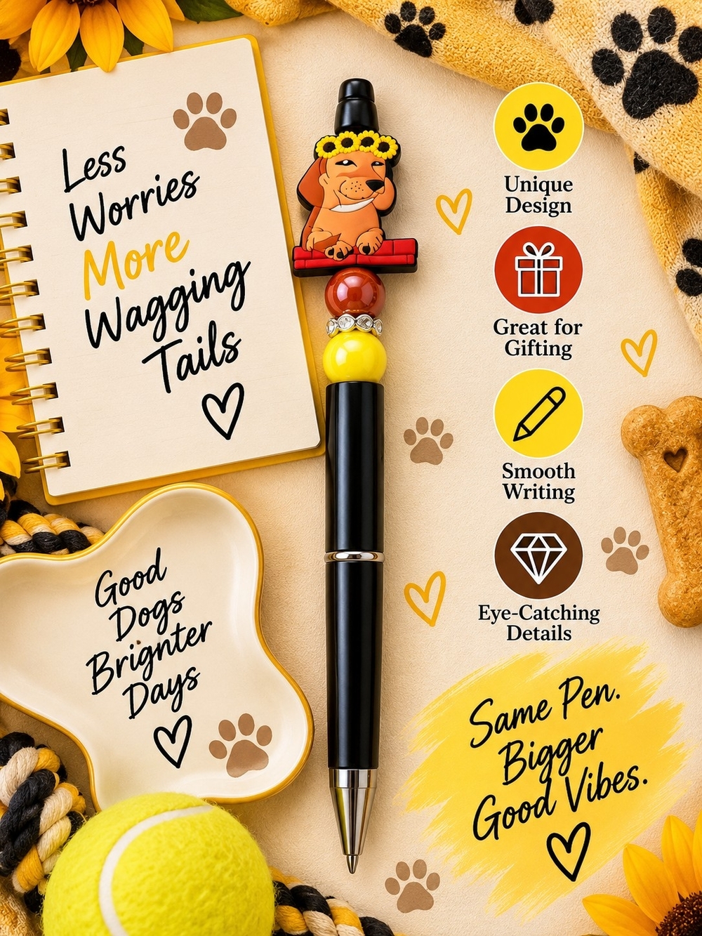 Decorative Black and Yellow Dog-Themed Ballpoint Pen!!